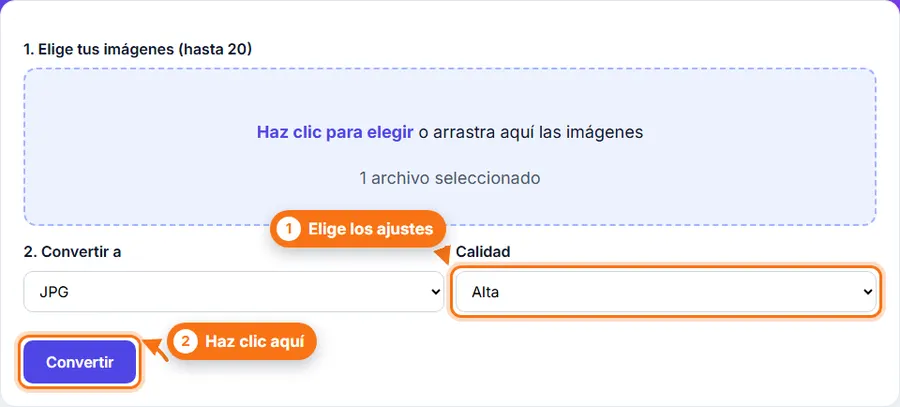 WebP a JPG: archivo elegido con los ajustes a la vista