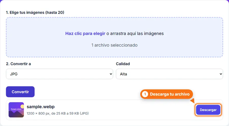 WebP a JPG: resultado con el peso del archivo y el botón de descarga