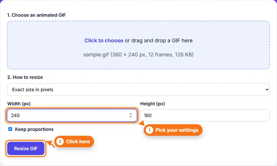 An animated GIF chosen in the GIF Resizer with a new width of 240 pixels