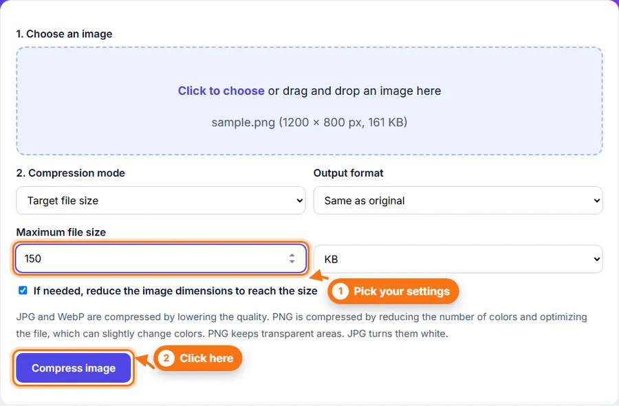 A PNG chosen in the Image Compressor with a target size of 150 KB