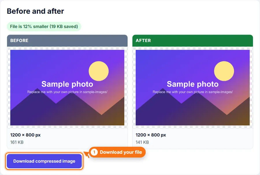 Before and after sizes in the Image Compressor, with the percent saved