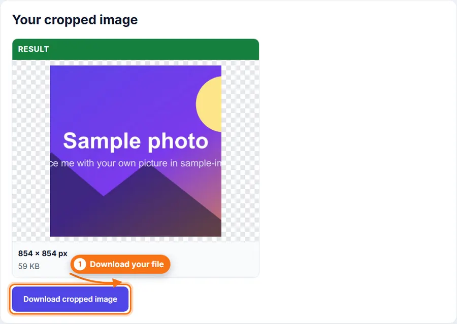 The cropped square photo with its pixel size and a Download button