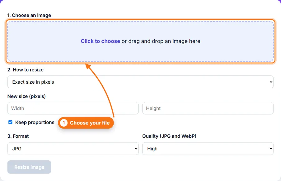 The Image Resizer upload box before choosing a photo