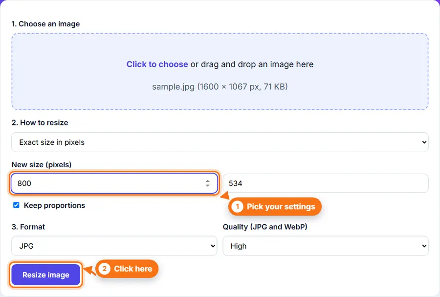 A photo chosen in the Image Resizer, with the new width set to 800 pixels