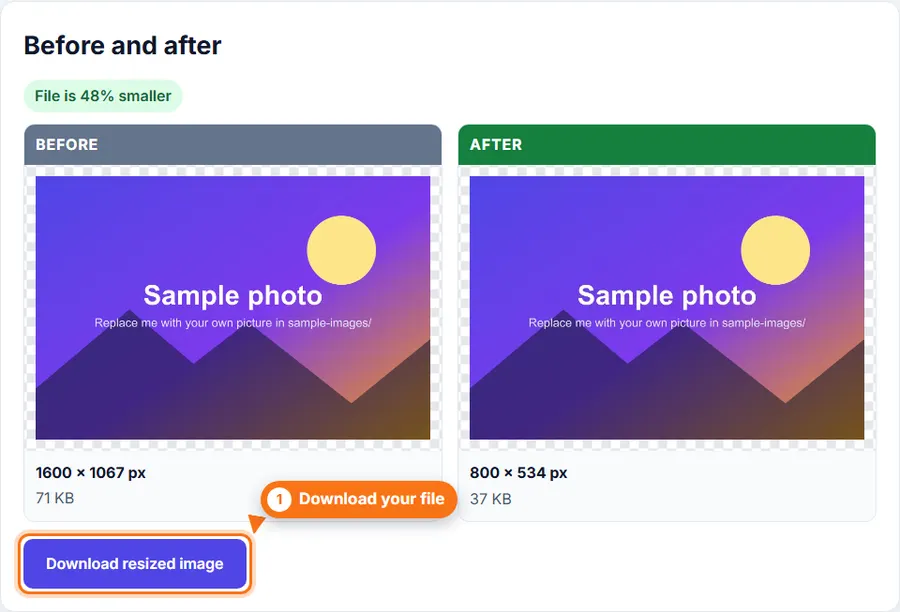 Before and after panels in the Image Resizer, showing the new size and the Download button