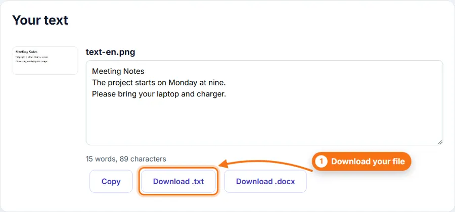 The text read from the image in an editable box, with Copy, Download .txt and Download .docx buttons