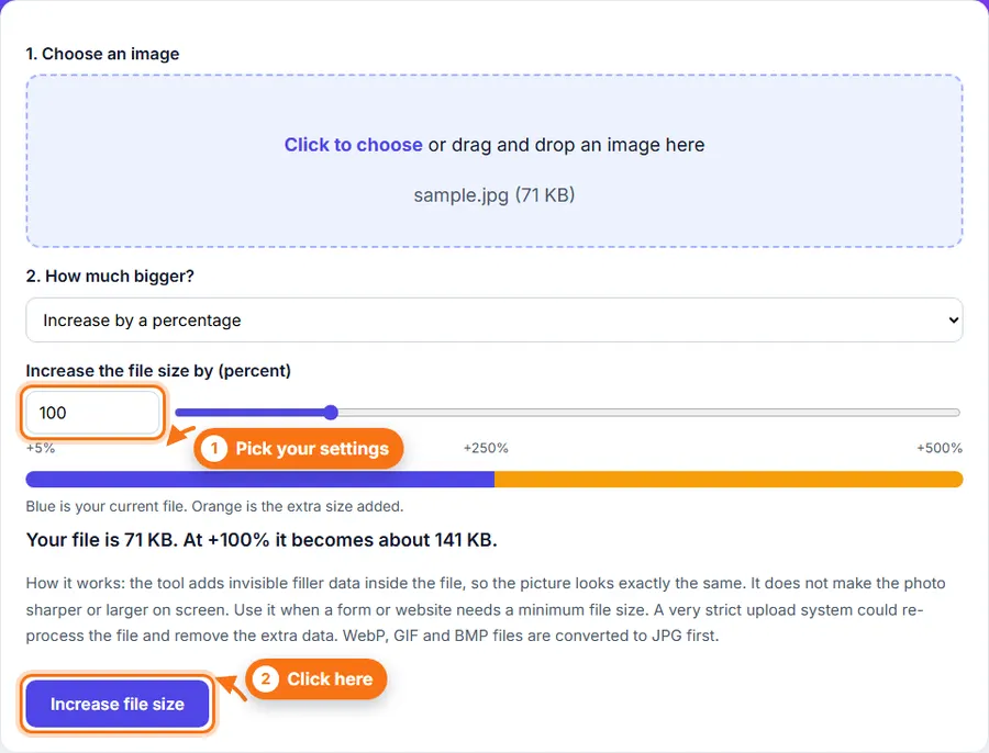 A photo chosen in Increase Image Size with the percentage slider