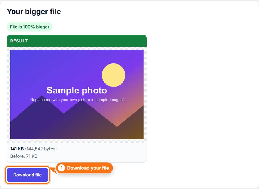 The bigger file size shown next to the original size, with a Download button