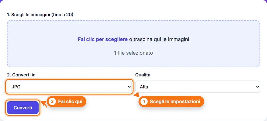 Converti immagini: file scelto, impostazioni visibili