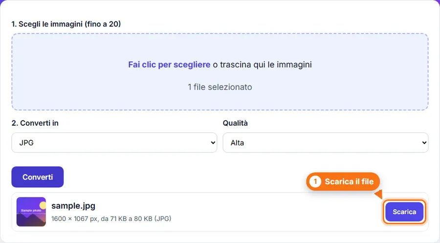 Converti immagini: risultato con il peso del file e il pulsante per scaricare
