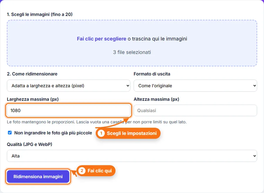 Ridimensiona più immagini: file scelto, impostazioni visibili