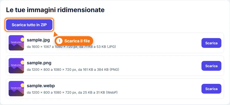Ridimensiona più immagini: risultato con il peso del file e il pulsante per scaricare