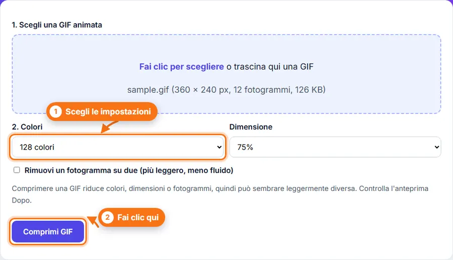 Comprimi GIF: file scelto, impostazioni visibili