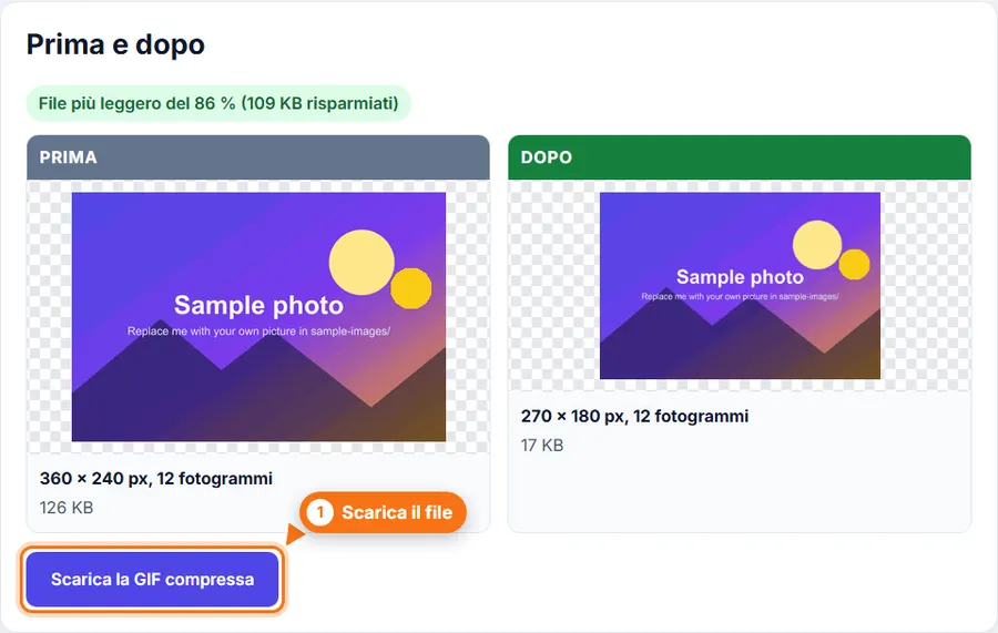 Comprimi GIF: risultato con il peso del file e il pulsante per scaricare