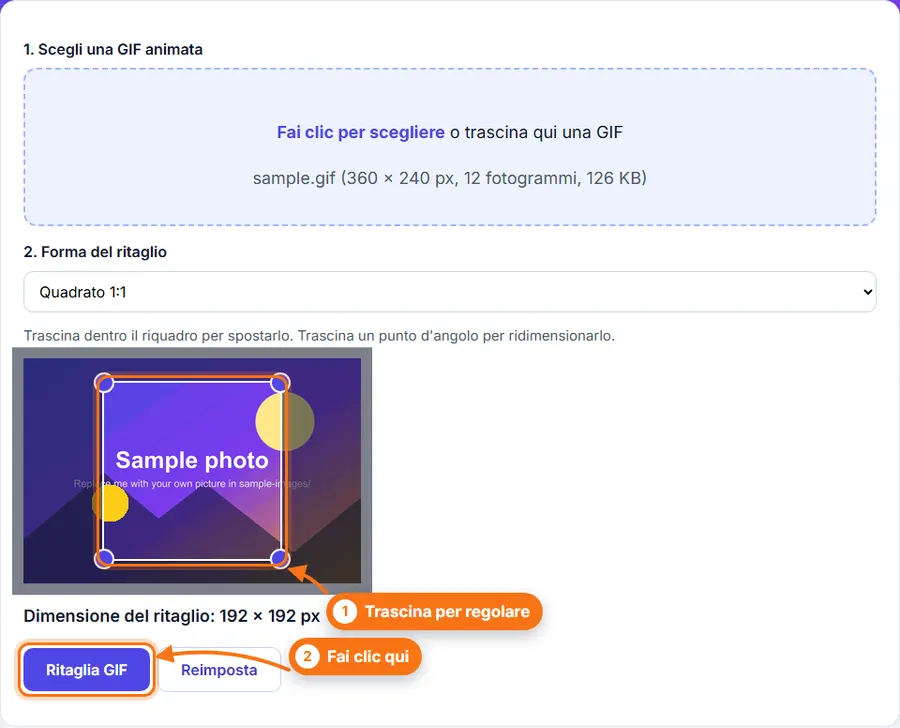 Ritaglia GIF: file scelto, impostazioni visibili