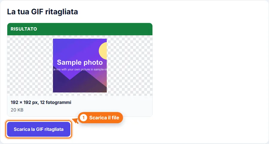 Ritaglia GIF: risultato con il peso del file e il pulsante per scaricare