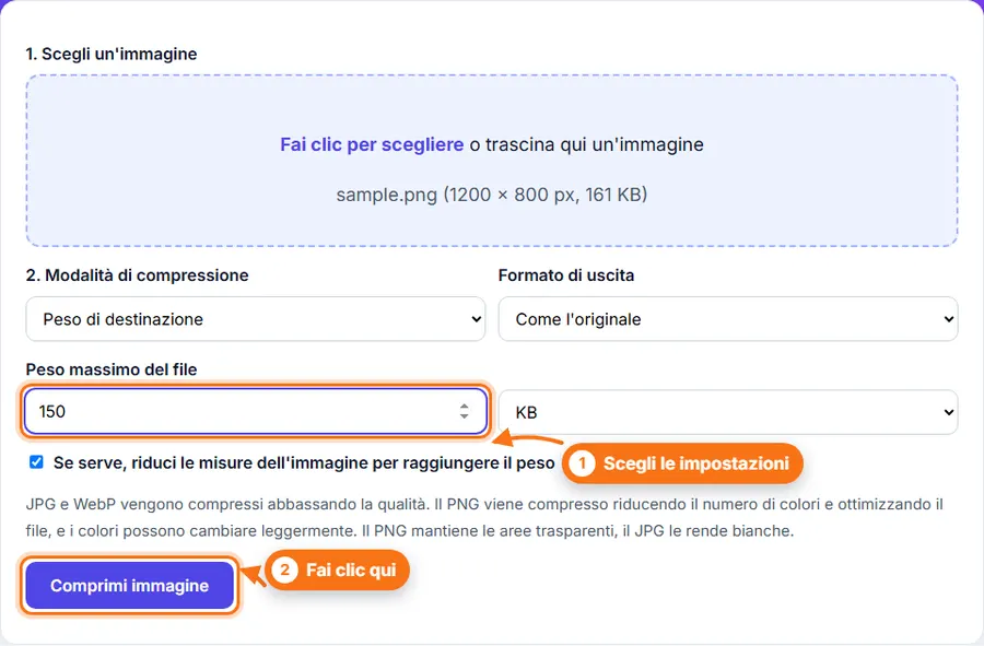 Comprimi immagini: file scelto, impostazioni visibili