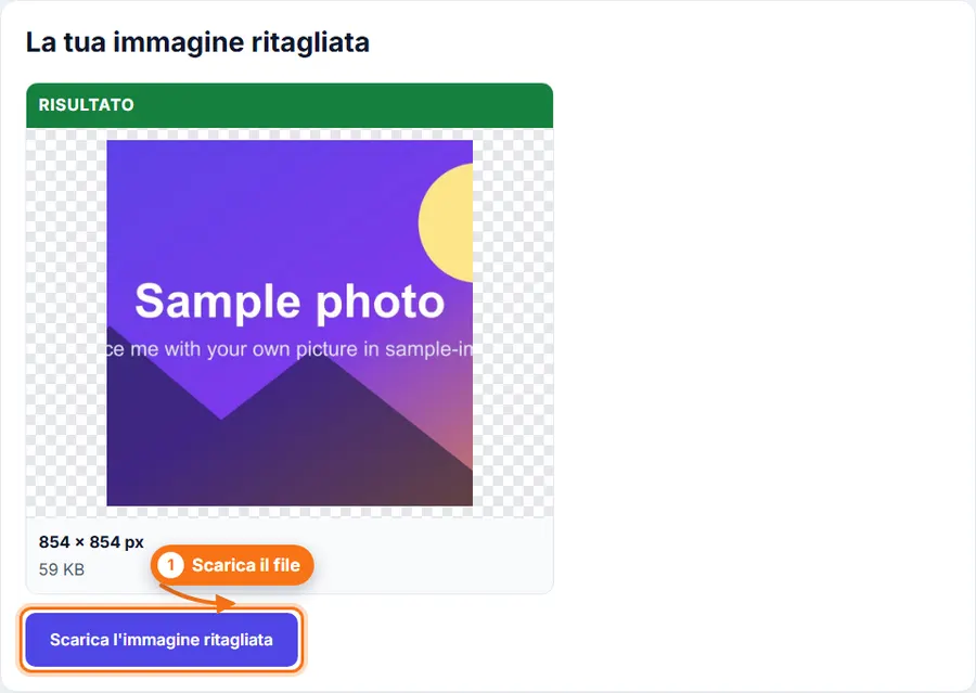 Ritaglia immagini: risultato con il peso del file e il pulsante per scaricare
