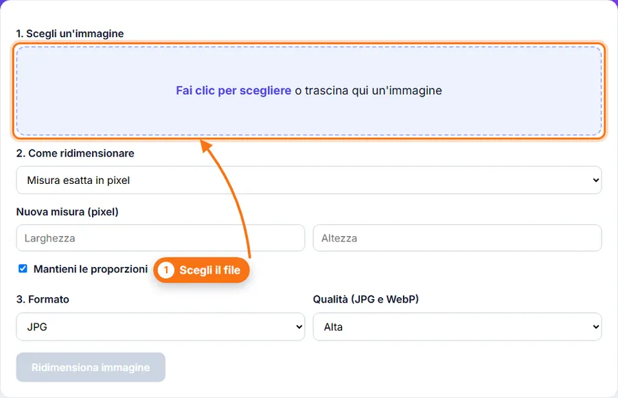 Ridimensiona immagini: area di caricamento prima di scegliere un file