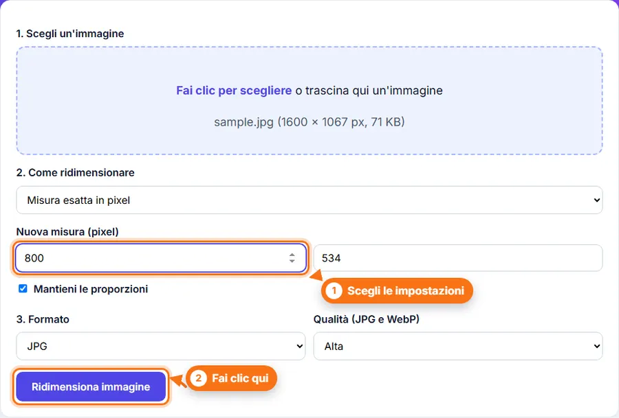 Ridimensiona immagini: file scelto, impostazioni visibili