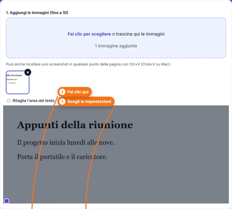 Immagine in testo: screenshot con testo aggiunto, con rotazione, ritaglio e lingua