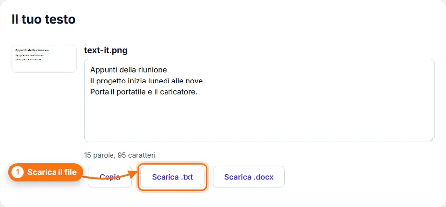 Immagine in testo: testo letto in un riquadro modificabile con Copia e download in .txt o .docx