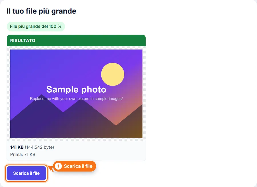 Aumenta peso immagine: risultato con il peso del file e il pulsante per scaricare