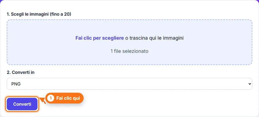 Da JPG a PNG: file scelto, impostazioni visibili