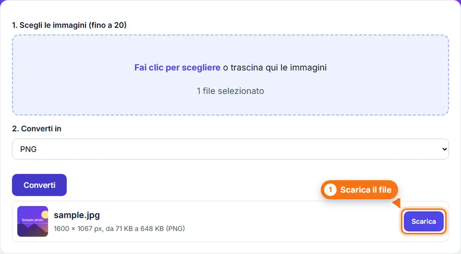 Da JPG a PNG: risultato con il peso del file e il pulsante per scaricare