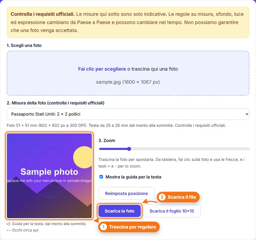 Foto tessera: file scelto, impostazioni visibili