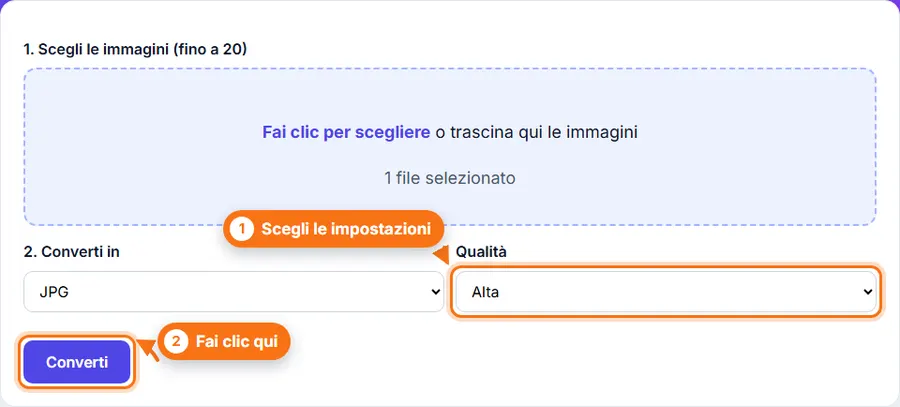 Da PNG a JPG: file scelto, impostazioni visibili