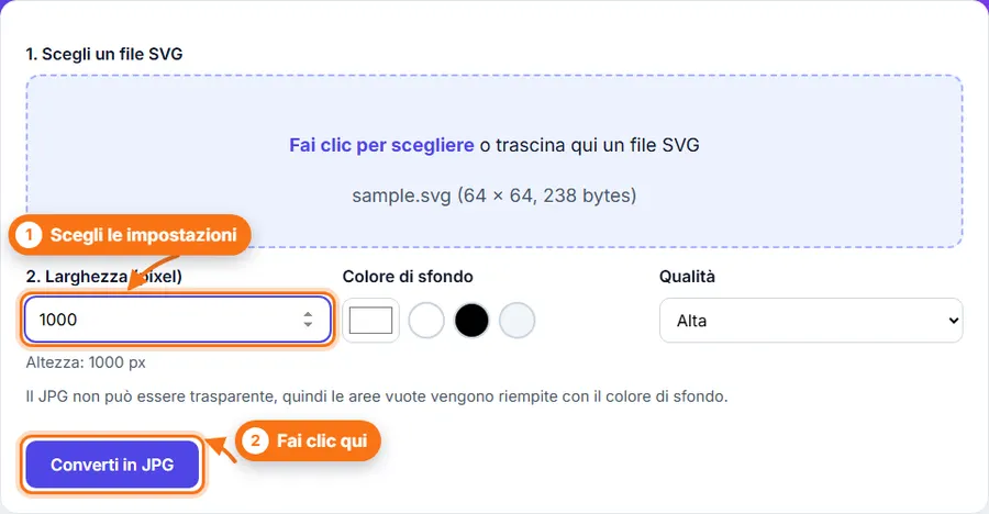 Da SVG a JPG: file scelto, impostazioni visibili