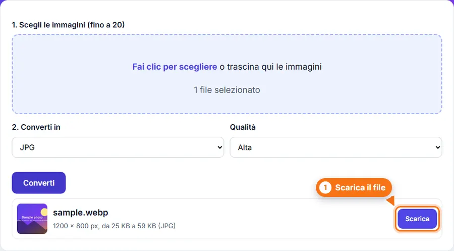 Da WebP a JPG: risultato con il peso del file e il pulsante per scaricare