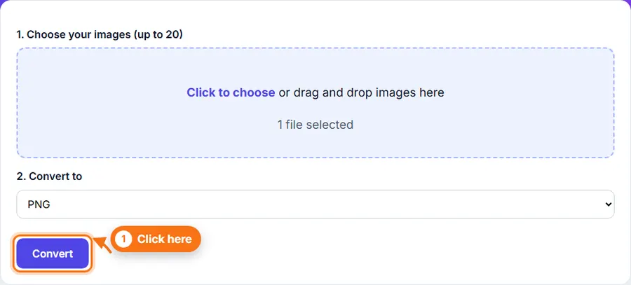 A file chosen in the JPG to PNG converter with the format and quality settings