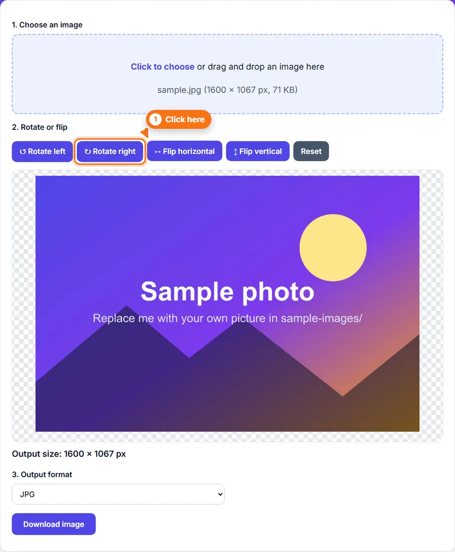 A photo loaded in the Rotate and Flip tool with the rotate and flip buttons