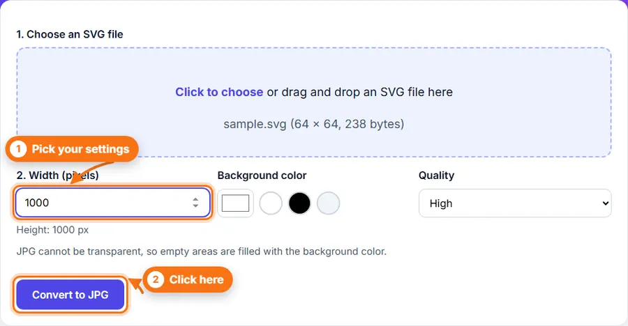 An SVG chosen in SVG to JPG with the width and background color settings