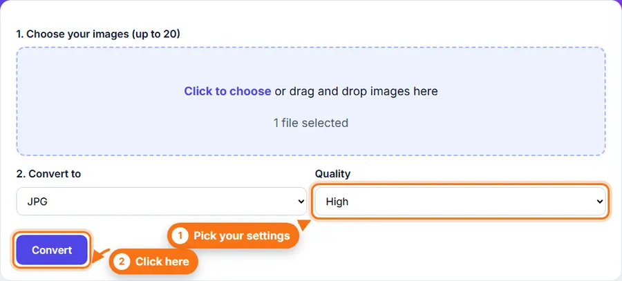 A file chosen in the WebP to JPG converter with the format and quality settings