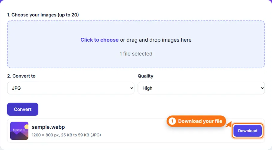 The converted file listed with its new size and a Download button